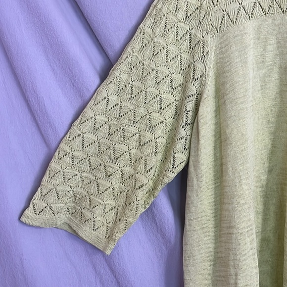 CJ Banks Chartreuse Green Open Knit Yoke and Sleeve, Tunic Sweater in 3X - Picture 8 of 14